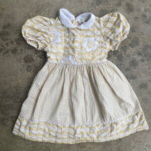 Vintage 90s Yellow and White Gingham Floral Puff Sleeve Dress Girls 4T